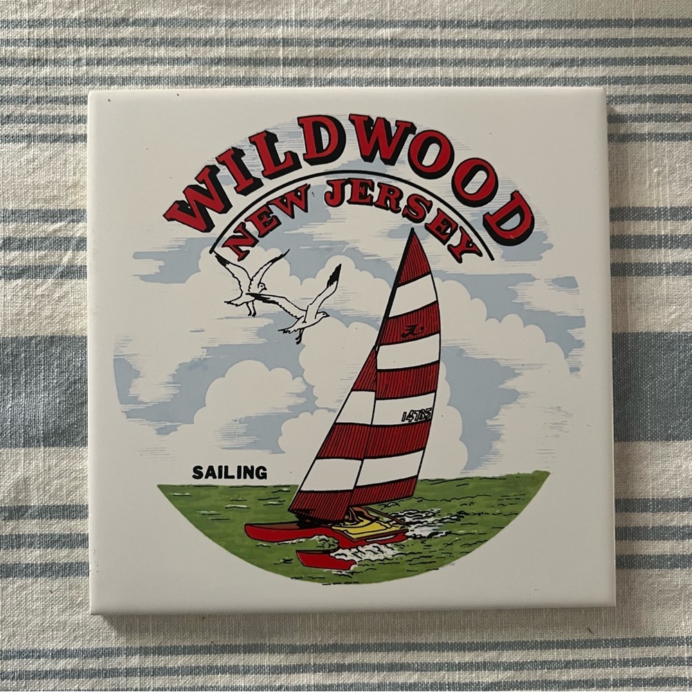 Vintage Ceramic Tile Trivet Wildwood New Jersey Sailboat Decor 1970 1980 Sailing